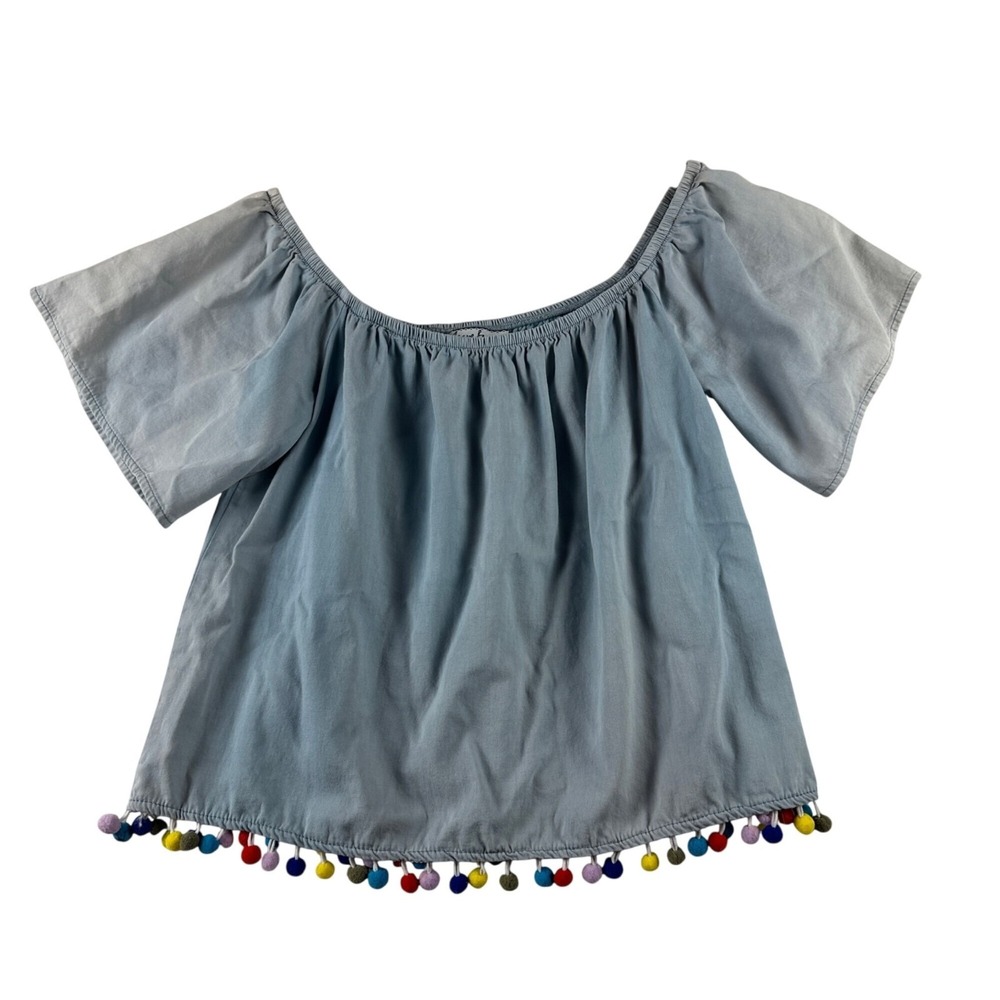 Crave Fame womens L denim tassel Pom Pom top boho rainbow fringe feminine dainty